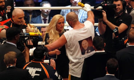 Fury celebrates with his wife Paris after beating Klitschko.