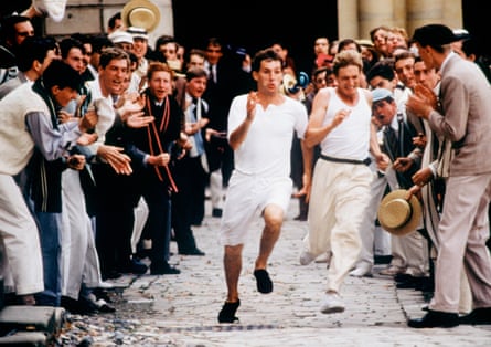 Ben Cross and Nigel Havers act out the Great Court Run, filmed at Eton.