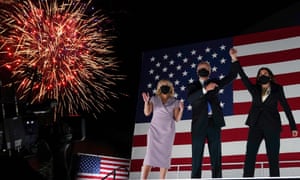 Jill Biden, Joe Biden and Kamala Harris in Wilmington, Delaware, at the conclusion fo the Democratic national convention on 20 August.