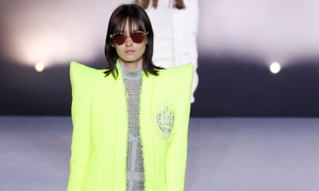 A model presents a creation by Balmain during Paris fashion week’s women spring/summer 2021 ready-to-wear show.