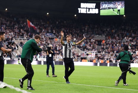 New signing Newcastle United's Nico Gonzalez is presented to the crowd inside the stadium before the match.