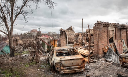 Destroyed buildings in Bucha, Ukraine.