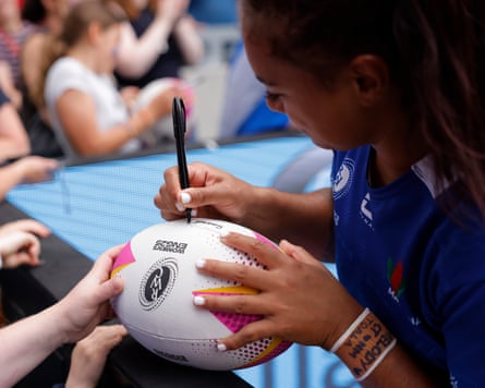 The Samoa flanker Sinead Ryder signs a ball after the Women’s Rugby World Cup 2025 Group A match between Australia and Samoa.