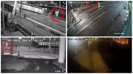 Four CCTV images, each with a figure circled in red