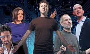 Left to right: Sergey Brin of Google, Sheryl Sandberg and Mark Zuckerberg of Facebook, Steve Jobs of Apple and Jeff Bezos of Amazon.