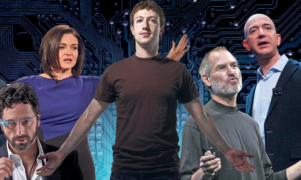 Left to right: Sergey Brin of Google, Sheryl Sandberg and Mark Zuckerberg of Facebook, Steve Jobs of Apple and Jeff Bezos of Amazon.
