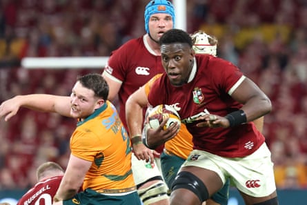 British & Irish Lions captain Maro Itoje runs with the ball against Australia