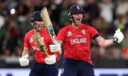 Ben Stokes roars in delight after hitting the winning run