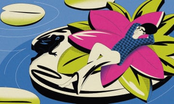illustration - taking a sabbatical from life - a woman with beehive hairdo and glasses on reclining on a lily pad on calm water