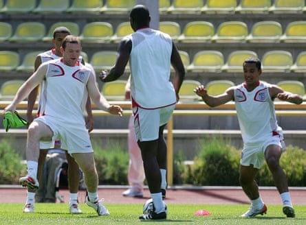 England’s Wayne Rooney, Sol Campbell and Theo Walcott during training session at the 2006 World Cup near Baden-Baden