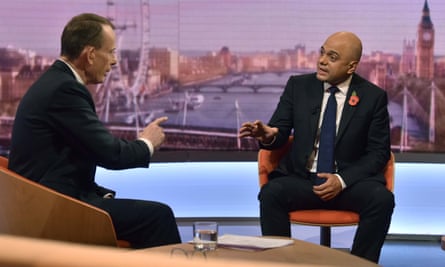 Andrew Marr, here interviewing Sajid Javid, admits he looks at the impact his shows have online.