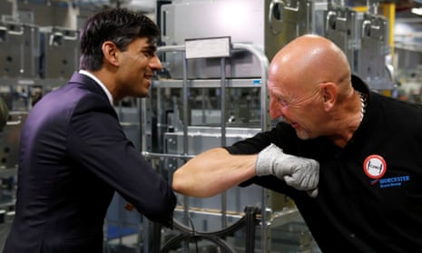 The chancellor, Rishi Sunak, elbow greets an employee during his visit to a factory in Worcester last week.