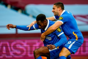 Danny Welbeck celebrates his Villa Park goal with Neal Maupay.