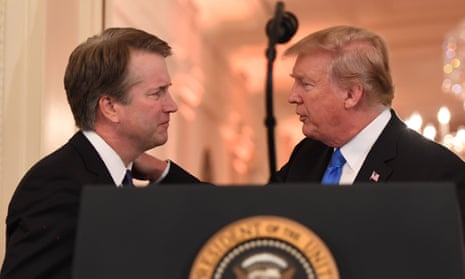 US-POLITICS-JUSTICE-TRUMP<br>US President Donald Trump (R) speaks to US Judge Brett Kavanaugh after announcing him as his nominee to the Supreme Court in the East Room of the White House on July 9, 2018 in Washington, DC.  / AFP PHOTO / SAUL LOEBSAUL LOEB/AFP/Getty Images
