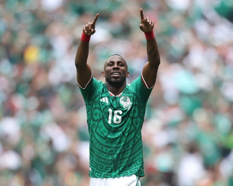 Julián Quiñones celebrates a goal against South Africa.