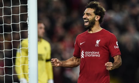 Mohamed Salah celebrates after his penalty doubles Liverpool’s lead against Rangers at Anfield