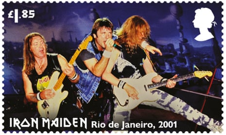 One of 12 Iron Maiden stamps, showing Dave Murray, Bruce Dickinson and Janick Gers in Rio de Janeiro, January 2001.