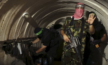 Hamas fighters inside an underground tunnel in Gaza, 2014.