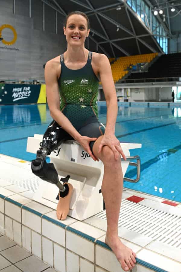 Australian Paralympic swimmer Ellie Cole poses for pictures at the Australian 2020-2021 Tokyo Olympic Games Swimming Uniform Launch at the Sydney Olympic Park Aquatic Centre.