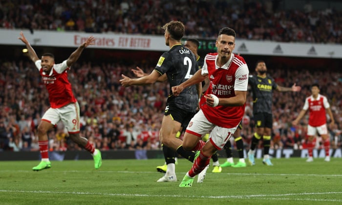 Arsenal’s Gabriel Martinelli celebrates scoring his team’s second goal.