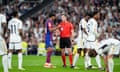 Lamine Yamal speaks to the referee during Barcelona’s La Liga loss to Real Madrid at the Bernabéu on Sunday. The 16-year-old’s ‘goal’ on 28 minutes was ruled out by VAR
