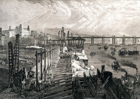 A view from Westminster Bridge of the Thames embankment under construction.