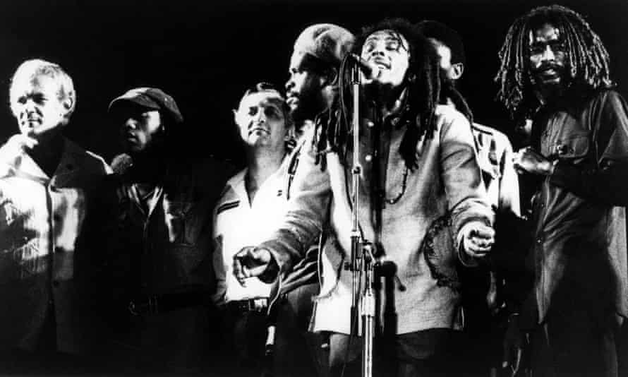 Marley onstage with the Wailers during the One Love peace concert in Kingston