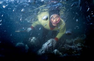 A Haenyeo holds her breath and searches for abalone in Jeju, South Korea, on 14 February 2005