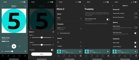 The Sonos app showing playback controls and settings for the Move 2.