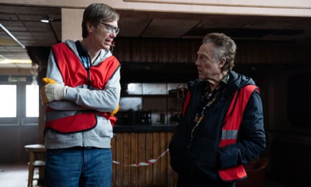 Stephen Merchant in The Outlaws, with Christopher Walken: both are wearing orange tabards