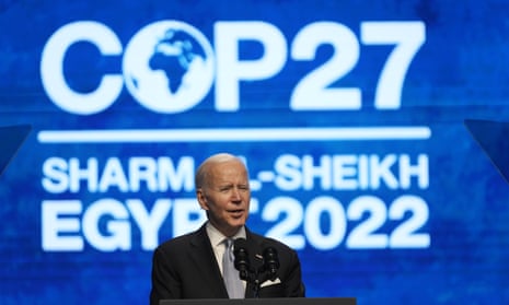 Joe Biden speaks at the Cop27 UN climate summit on 11 November 2022 in Sharm el-Sheikh, Egypt.