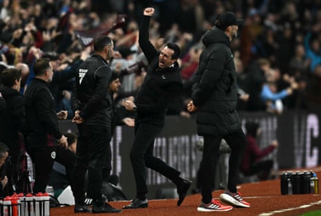 Aston Villa's manager Unai Emery celebrates a goal by Youri Tielemans which put the home side back on level terms.