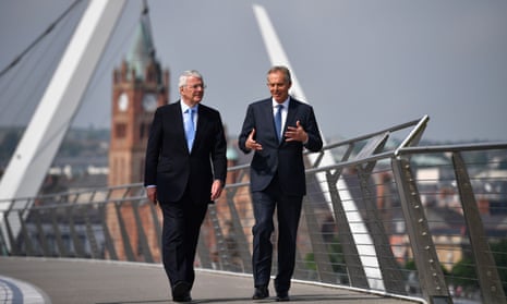 John Major, left, and Tony Blair cross the Peace Bridge in Derry during a Remain campaign event