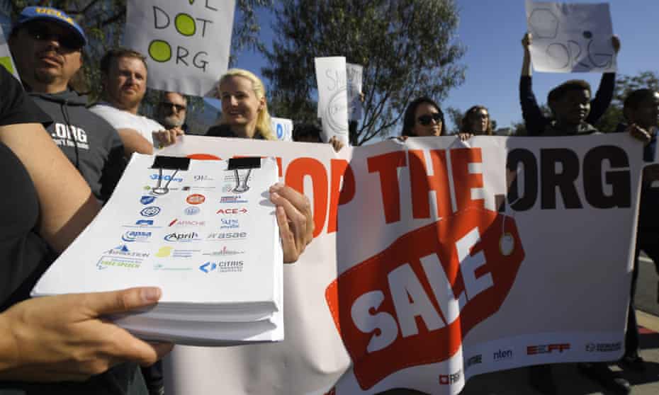 People protest in Los Angeles outside the headquarters of the regulatory body for domain names, Icann, in January.