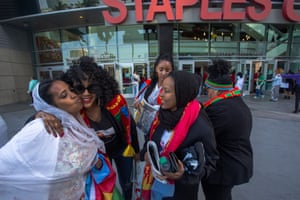 People from Eritrea attend the memorial for slain rapper Nipsey Hussle, an Eritrean American, on 11 April.
