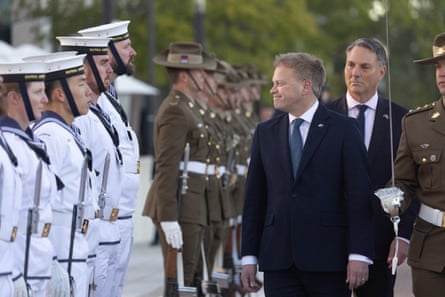 UK secretary of state for defence Grant Shapps inspects the Federation Guard in Canberra with Australian deputy prime and defence minister Richard Marles