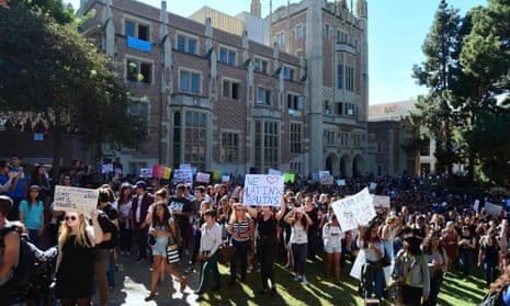 University of California Los Angeles students march through campus on November 10, 2016 in Los Angeles, California, during a ‘Love Trumps Hate’ rally in reaction to Donald Trump’s presidential election victory.