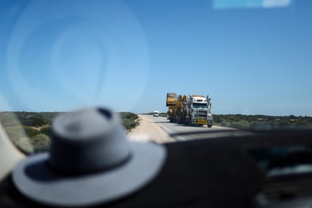 A road train approaches on the Eyre Highway along the Nullarbor Plain, South Australia.