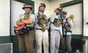 From left, Charlie Thomas, left, Matt Butschek II, Matt Saunter, and Naomi Worcester, on Kure Atoll in the Northwestern Hawaiian Islands, one of the most remote places on earth.