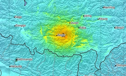 A map made available by the United States Geological Survey (USGS) showing the location of the earthquake hitting near Shigatse, Tibet