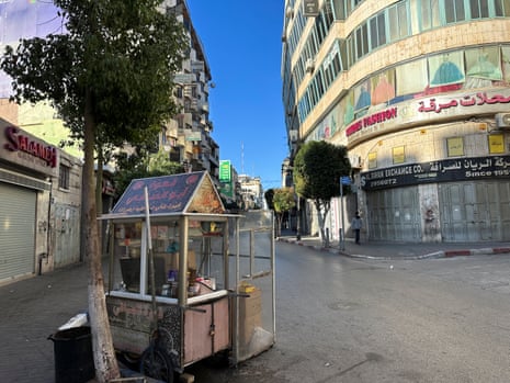 A view of closed shops during a general strike in Ramallah in the Israeli-occupied West Bank