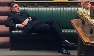 Leader of the House of Commons Jacob Rees-Mogg relaxes on the front benches during the Standing Order 24 emergency debate on a no-deal Brexit in the House of Commons in London on September 3, 2019.