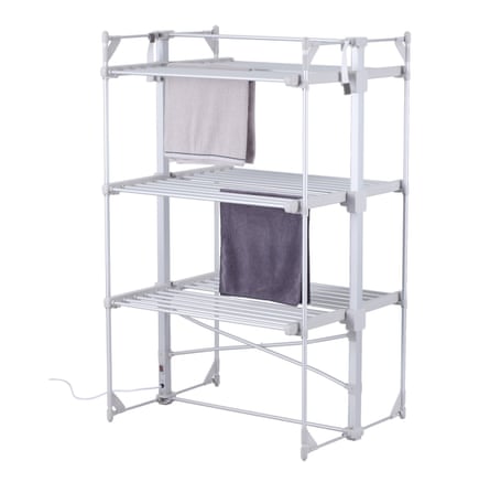 The Dunelm XL 3 Tier Square Heated Airer with two towels hung on the bars to dry
