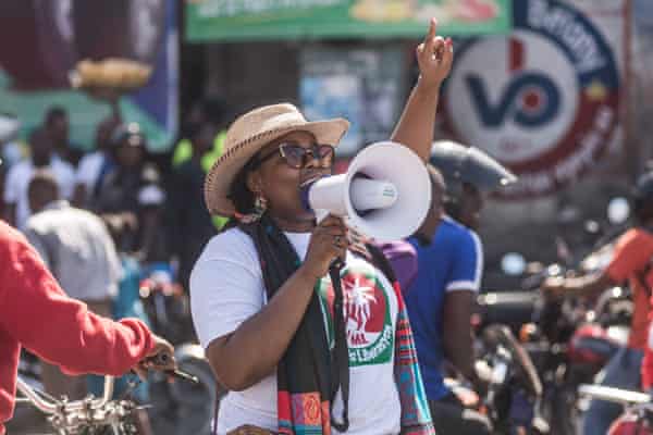 Antoinette Duclair, who was murdered last month in Haiti’s capital, denouncing international support for President Jovenel Moïse at a demonstration in Port-au-Prince in February.