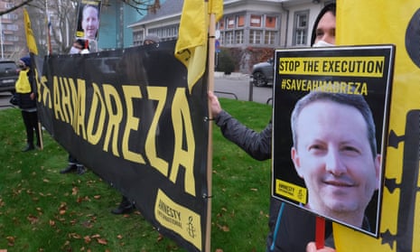 Amnesty activists protest in Brussels close to the Iranian embassy on Monday against the death sentence of Swedish-Iranian scientist Ahmadreza Djalali