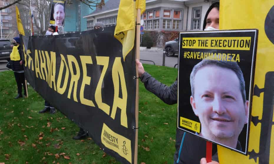 Amnesty activists protest in Brussels close to the Iranian embassy on Monday against the death sentence of Swedish-Iranian scientist Ahmadreza Djalali
