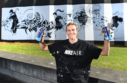Artist and Football Ferns striker Hannah Wilkinson after painting a mural at Eden Park to celebrate 3 Women’s World Cups in 2022/23.