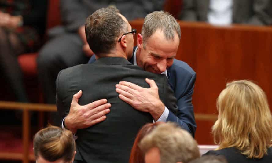New Tasmanian Greens senator Nick McKim is congratulated by Greens leader Richard Di Natalie after making his first speech in the senate chamber of Parliament House Canberra this afternoon, Wednesday 9th September 2015. 