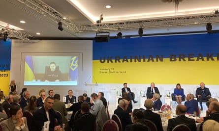 Boris Johnson appearing at a Breakfast for Ukraine meeting during the World Economic Forum in Davos