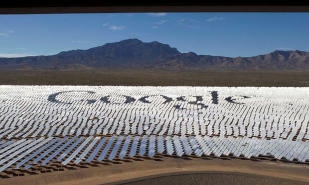 Google logo is spelled out in heliostats during a tour of the Ivanpah Solar Electric Generating System in the Mojave Desert near the California-Nevada border